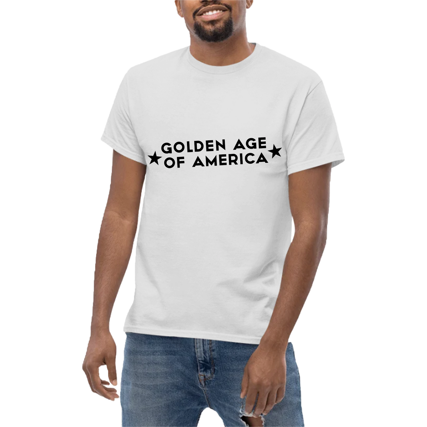 Golden Age of America T-Shirt with Flag | Front & Back,  White Edition