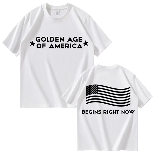 Golden Age of America T-Shirt with Flag | Front & Back,  White Edition